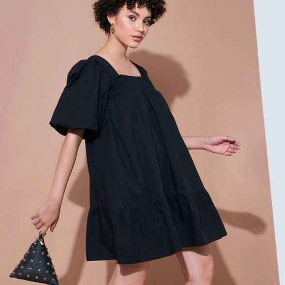Black Cotton Poplin Puff Sleeves Tiered Dress - Picture 1 of 6